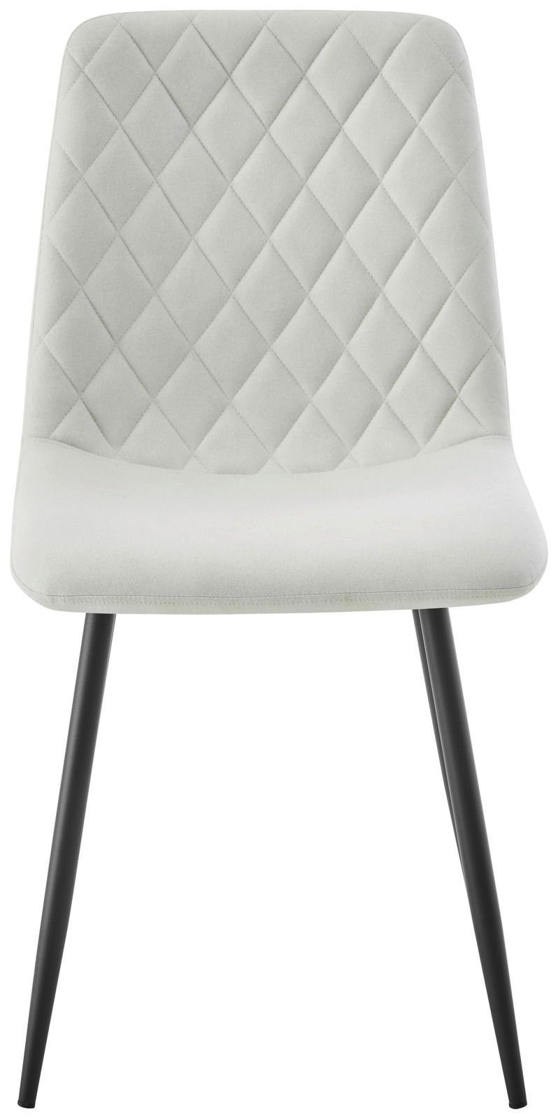 Vorderansicht eines modernen Stuhls mit gepolsterter, rautenförmig gesteppten Rückenlehne und schwarzen Metallbeinen.