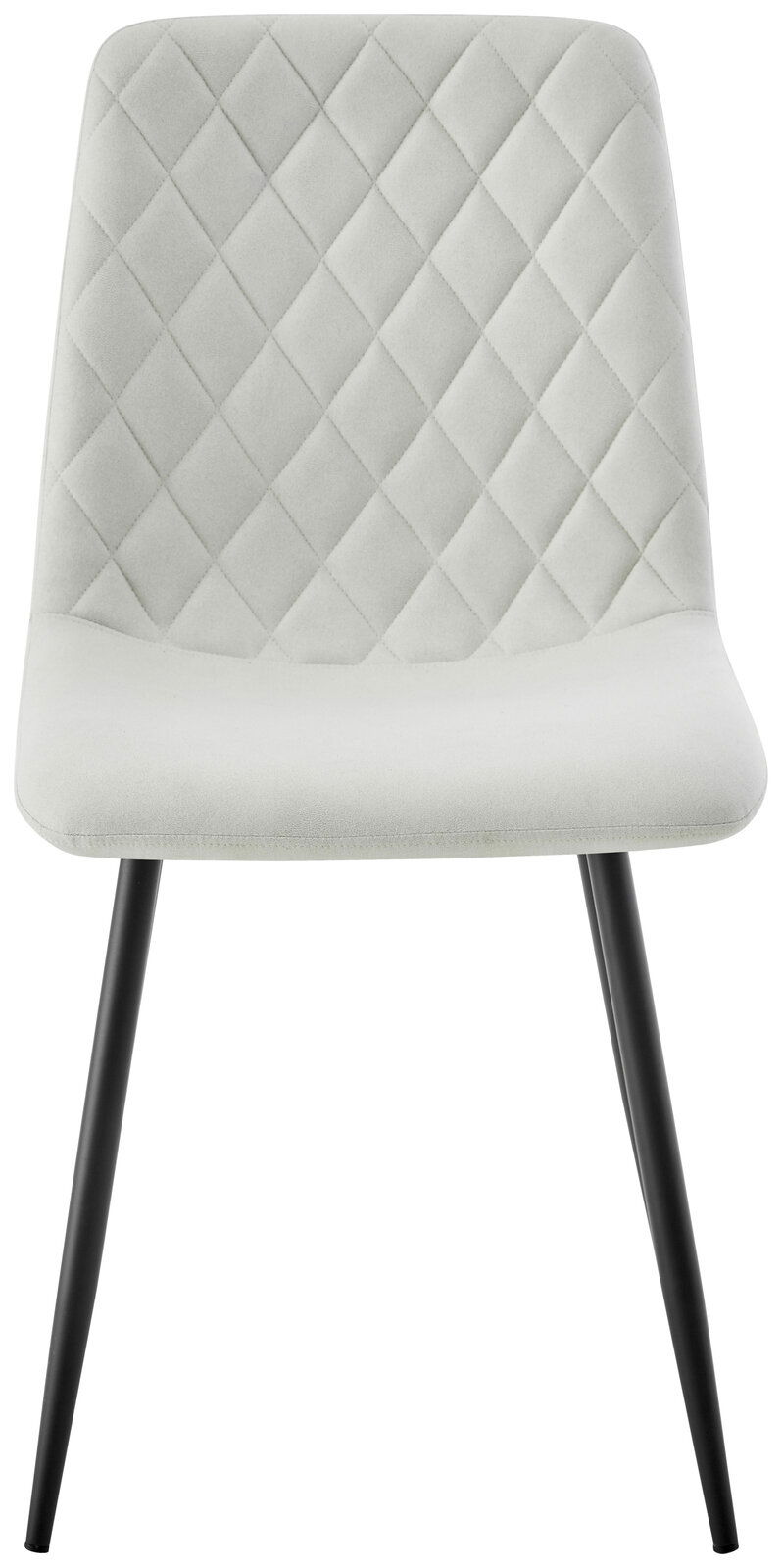 Vorderansicht eines modernen Stuhls mit gepolsterter, rautenförmig gesteppten Rückenlehne und schwarzen Metallbeinen.