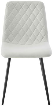 Vorderansicht eines modernen Stuhls mit gepolsterter, rautenförmig gesteppten Rückenlehne und schwarzen Metallbeinen.