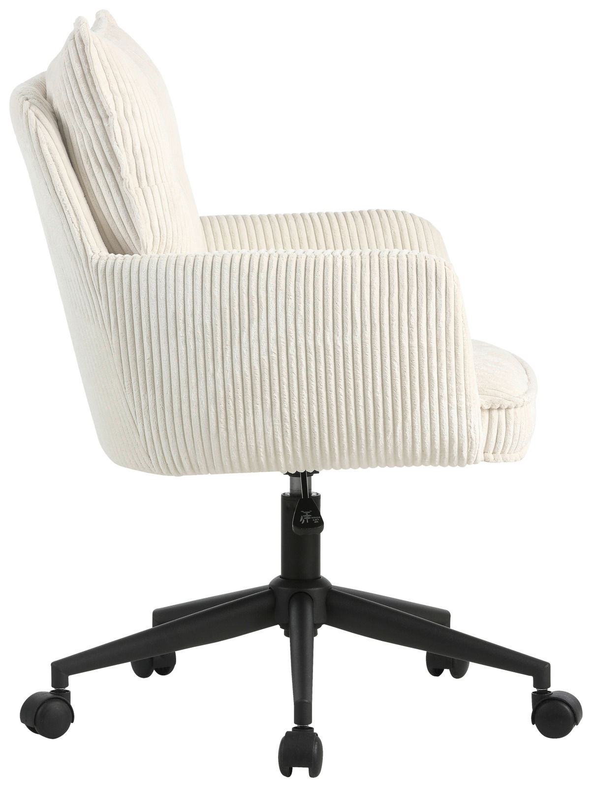 Seitenansicht eines weißen Drehstuhls mit geripptem Stoffbezug und schwarzem Fußgestell auf Rollen.