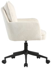 Seitenansicht eines weißen Drehstuhls mit geripptem Stoffbezug und schwarzem Fußgestell auf Rollen.