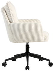 Seitenansicht eines weißen Drehstuhls mit geripptem Stoffbezug und schwarzem Fußgestell auf Rollen.