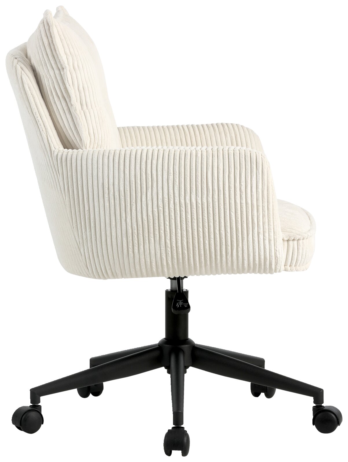 Zijaanzicht van een witte draaistoel met geribbelde stoffen bekleding en een zwart onderstel op wieltjes.