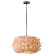 Hängeleuchte mit einem einzigartigen, stacheligen Design aus Holzstäben, von der Seite betrachtet.