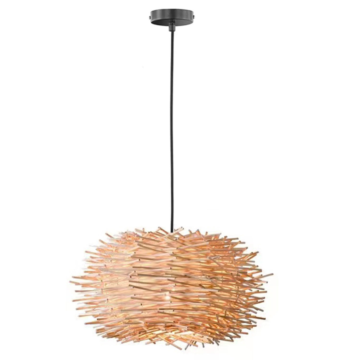 Hängeleuchte mit einem einzigartigen, stacheligen Design aus Holzstäben, von der Seite betrachtet.