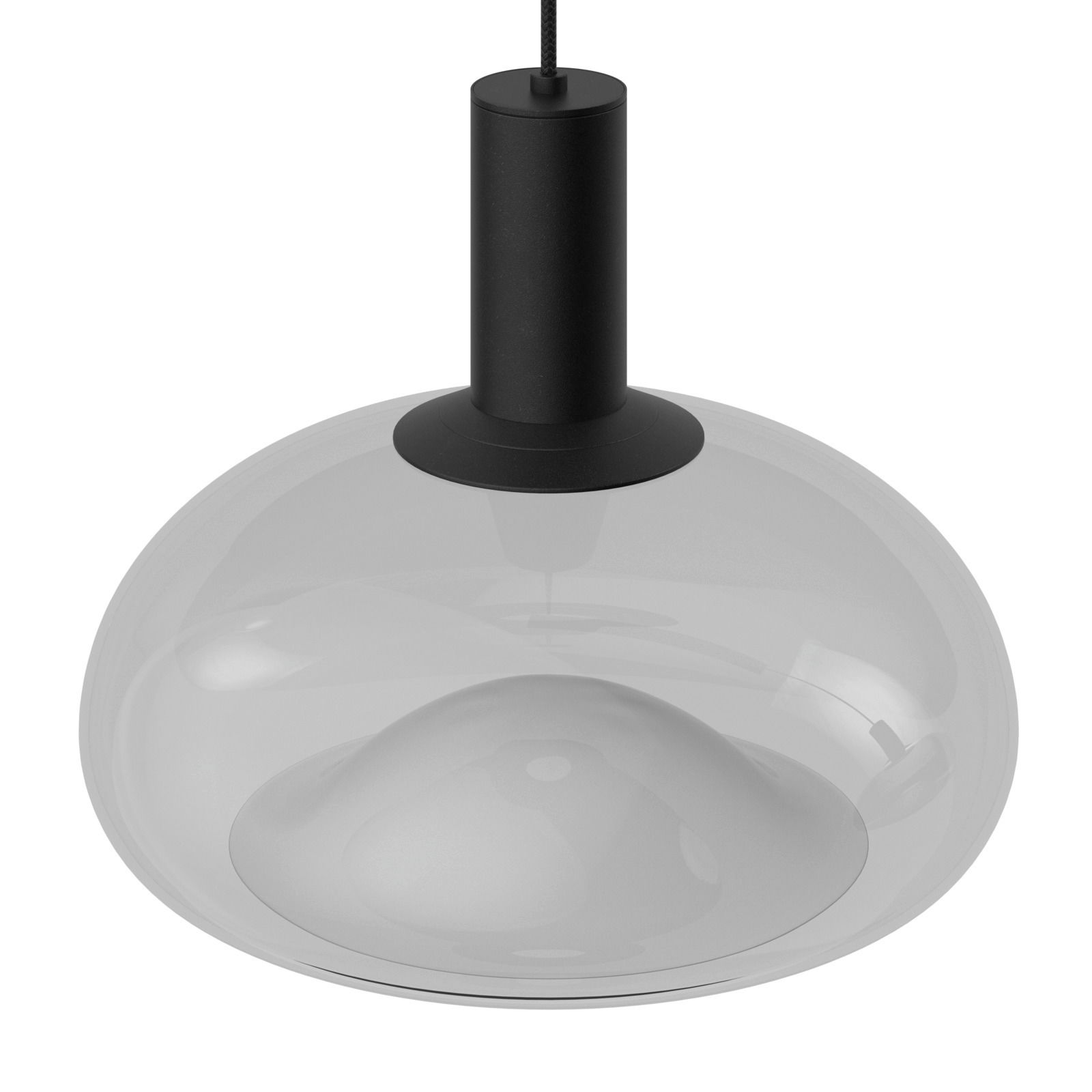 Moderne Hängeleuchte mit klarem Glas und schwarzem Sockel, Ansicht von schräg unten.