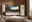 Moderne Wohnzimmermöbel mit TV-Element, Vitrine und Hängeschrank in einer stilvollen, minimalistischen Einrichtung. Perspektive von vorne.