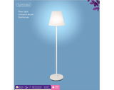 LED Bodenlampe in Weiß, frontal abgebildet vor blauem Hintergrund, mit Fernbedienung und 180 Lumen Helligkeit.