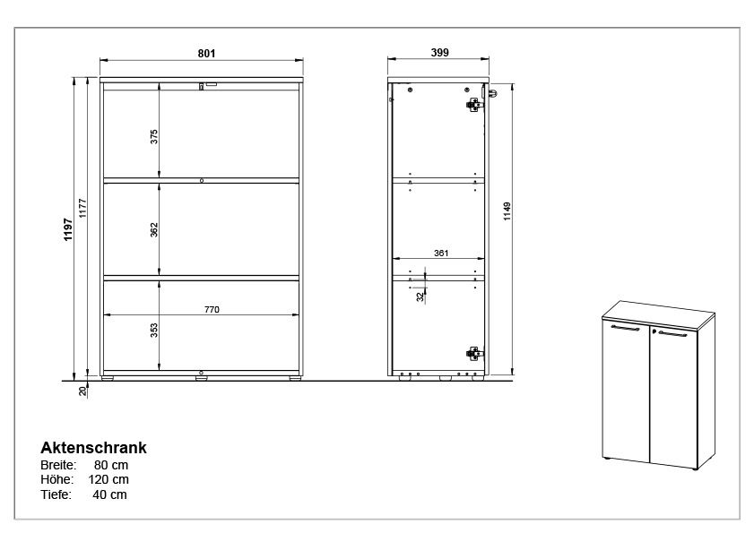 Zeichnung eines Aktenschranks mit zwei Türen, Breite 80 cm, Höhe 120 cm, Tiefe 40 cm, Vorder- und Seitenansicht.