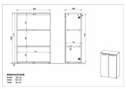 Zeichnung eines Aktenschranks mit zwei Türen, Breite 80 cm, Höhe 120 cm, Tiefe 40 cm, Vorder- und Seitenansicht.