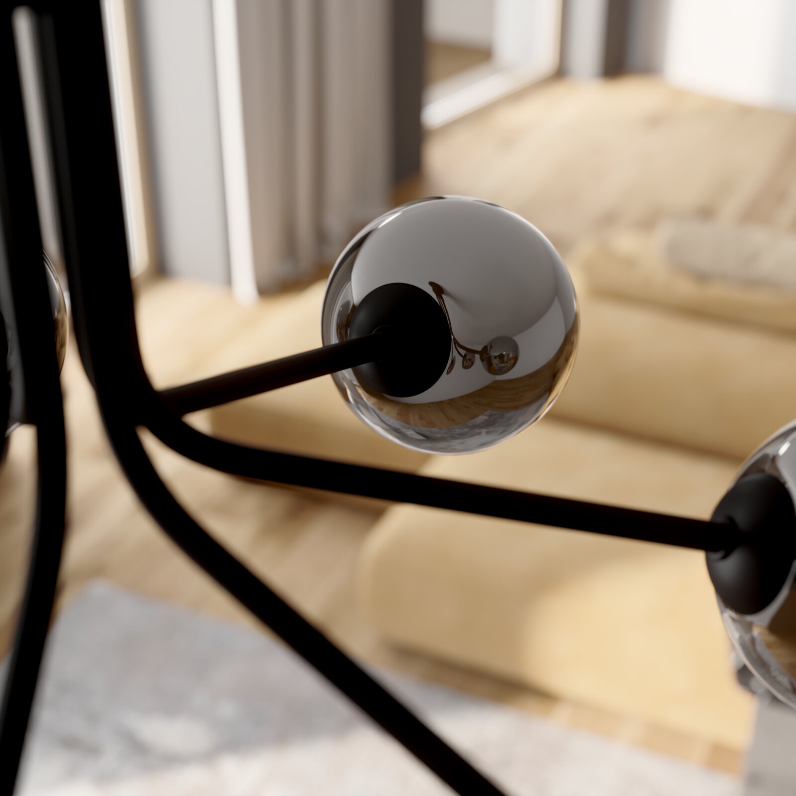 Detailfoto vanuit zijaanzicht: glanzende verchroomde bol op een zwart metalen frame, waarschijnlijk onderdeel van een moderne lamp, tegen een onscherpe houten vloer en een raam
