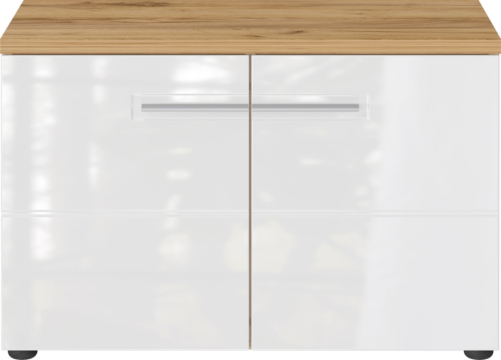 Schuhbank mit weißer Front und Holzoberfläche, Frontalansicht