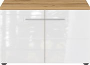 Schuhbank mit weißer Front und Holzoberfläche, Frontalansicht