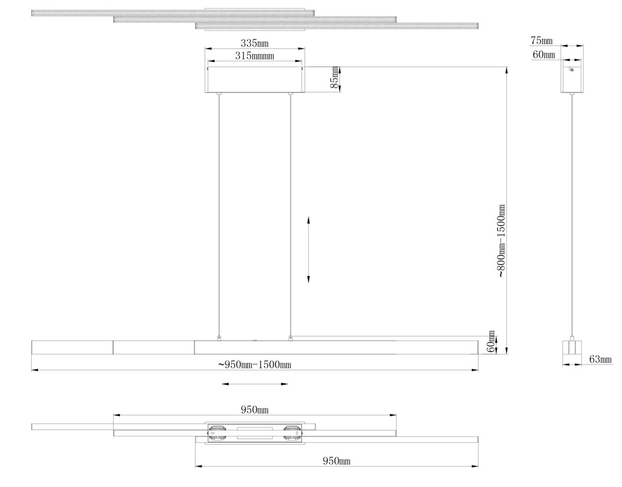 Technische Zeichnung der Hängeleuchte Globo Lighting ETHAN mit Maßen und Seitenansicht.