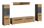 Wohnwand-Set im modernen Design mit TV-Lowboard, zwei Vitrinenschränken und Wandboard in Eiche-Optik mit anthrazitfarbenen Seiten und schwarzen Griffleisten, freigestellt auf weißem Hintergrund, Perspektive: frontale Ansicht mit leichter Schrägansicht
