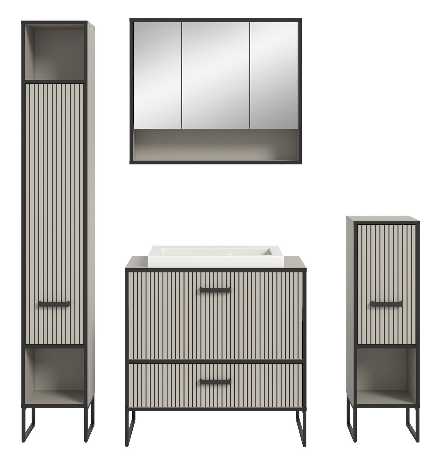 Moderne Badkombination mit vertikalen Streifen, bestehend aus einem hohen Schrank, einem Waschtisch mit Spiegel und einem kleinen Schrank, frontal betrachtet.