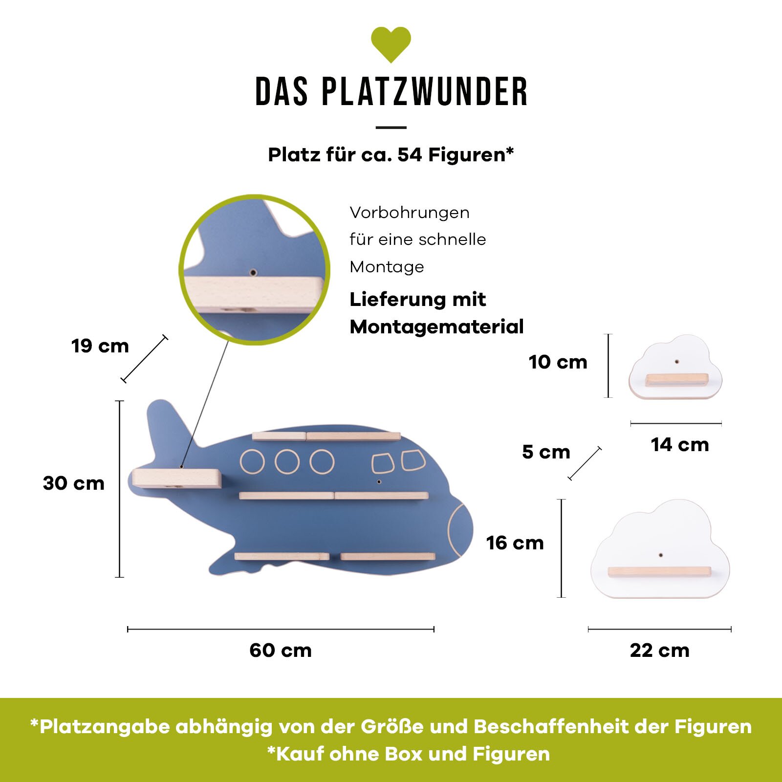Infografik in Frontalansicht: blaues Wandregal in Flugzeugform („Das Platzwunder“) mit Ablagen, ca. 60 x 30 cm, Platz für ca. 54 Figuren, Vorbohrungen und Montagematerial; zusätzlich Wolkenregale (14 x 10 cm und 22 x 16 cm) mit 5 cm Tiefe.