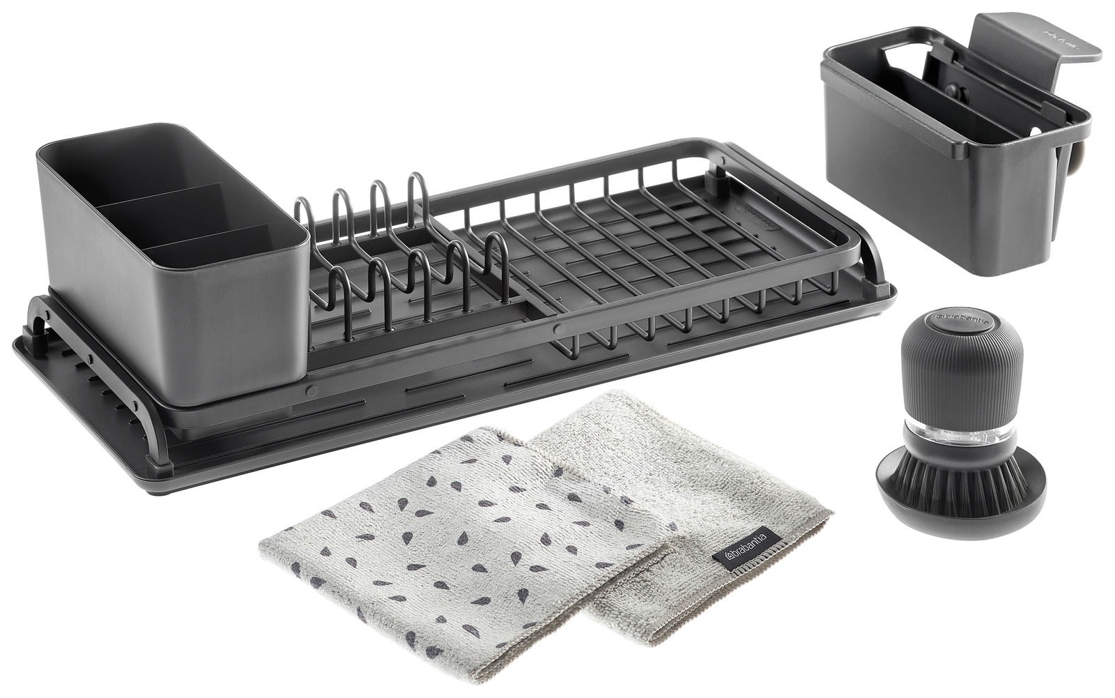 Brabantia Abtropfkorb-Set 4-tlg. SINKSIDE Spül-Set bestehend aus einem Abtropfgestell, einem Besteckhalter, einem Schwammhalter, zwei Geschirrtüchern und einer Spülbürste, aus der Vogelperspektive fotografiert.