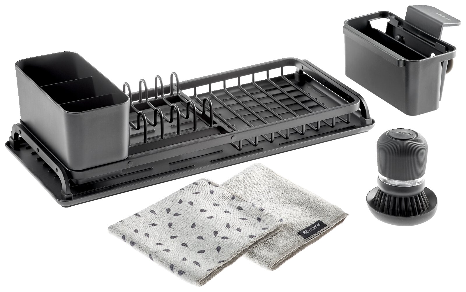 Brabantia Abtropfkorb-Set 4-tlg. SINKSIDE Spül-Set bestehend aus einem Abtropfgestell, einem Besteckhalter, einem Schwammhalter, zwei Geschirrtüchern und einer Spülbürste, aus der Vogelperspektive fotografiert.