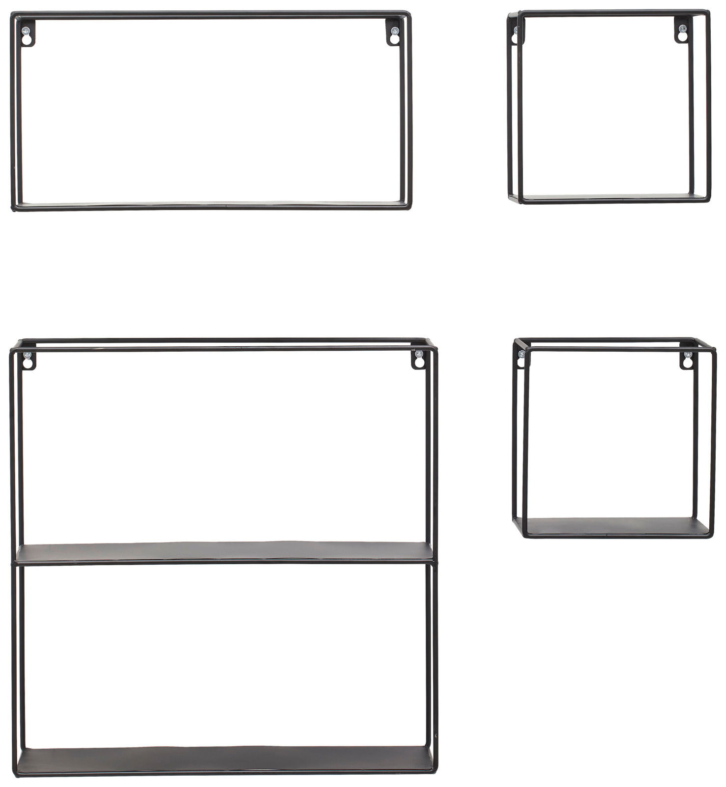 Set aus vier Wandregalen in verschiedenen Größen, aus schwarzem Metall, frontal abgebildet.
