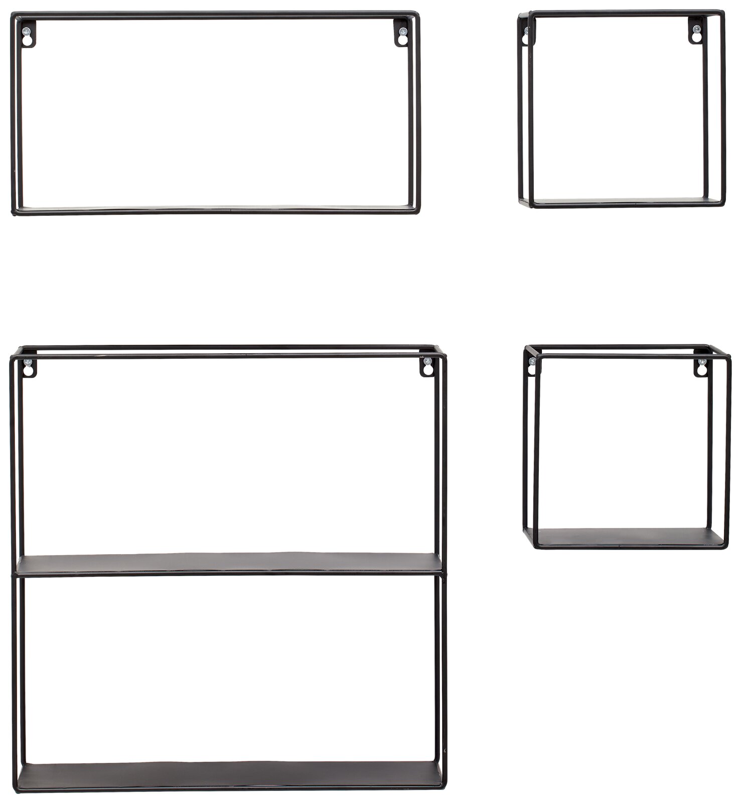 Set aus vier Wandregalen in verschiedenen Größen, aus schwarzem Metall, frontal abgebildet.