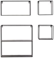 Set aus vier Wandregalen in verschiedenen Größen, aus schwarzem Metall, frontal abgebildet.