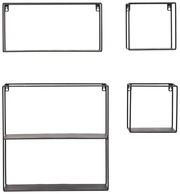 Set aus vier Wandregalen in verschiedenen Größen, aus schwarzem Metall, frontal abgebildet.