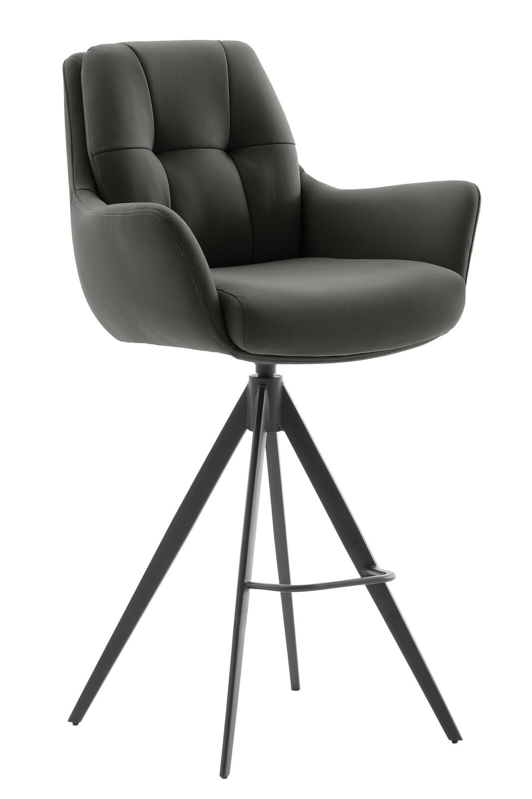 Zurbrüggen Barstuhl ASSENTO Moderner Barstuhl mit gepolsterter Rückenlehne und Armlehnen, schwarzer Bezug, auf einem stabilen Metallgestell mit Fußstütze, seitliche Perspektive.