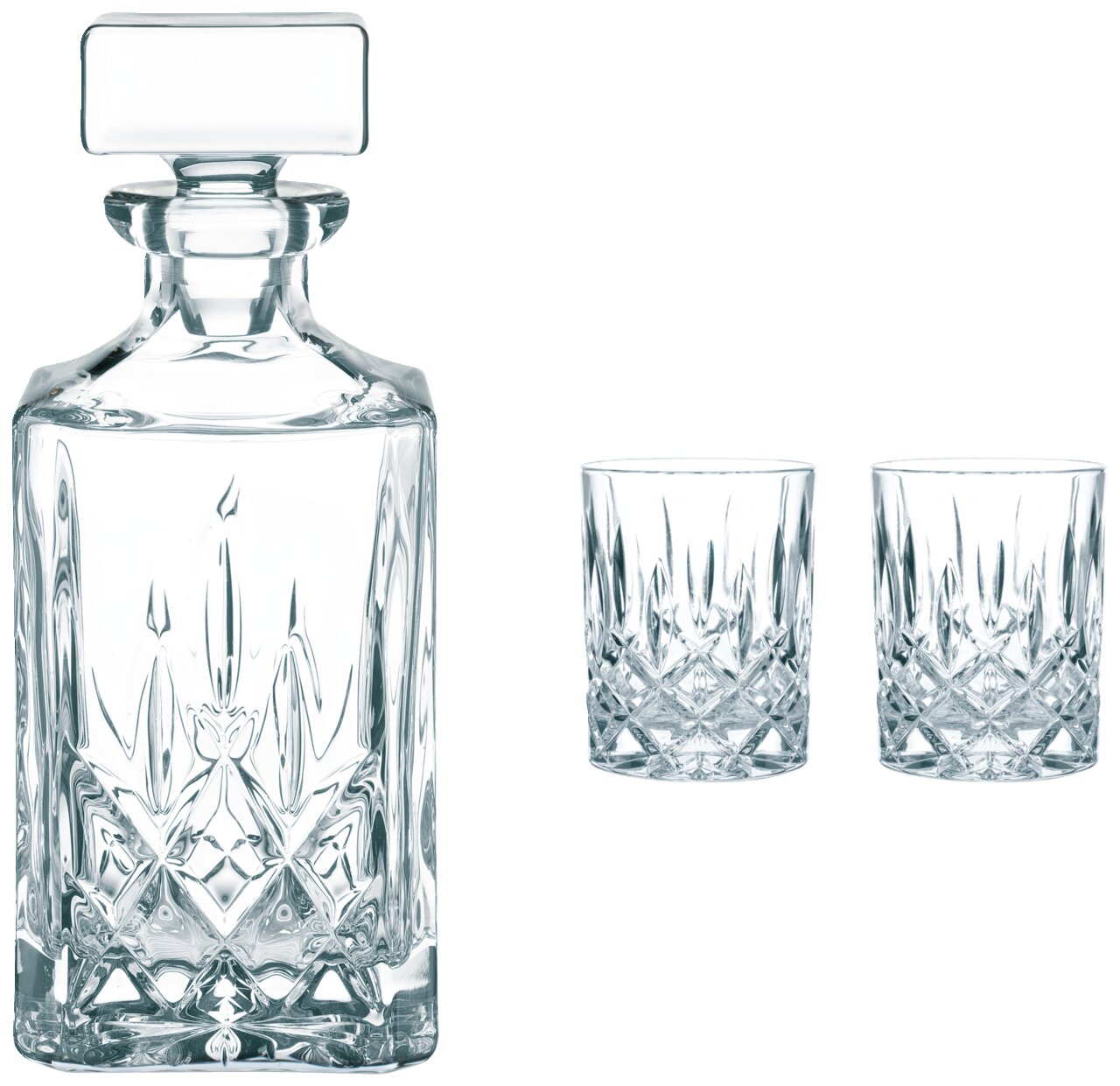 Kristallklares Whisky-Set bestehend aus einer Karaffe und zwei Gläsern, frontal abgebildet.