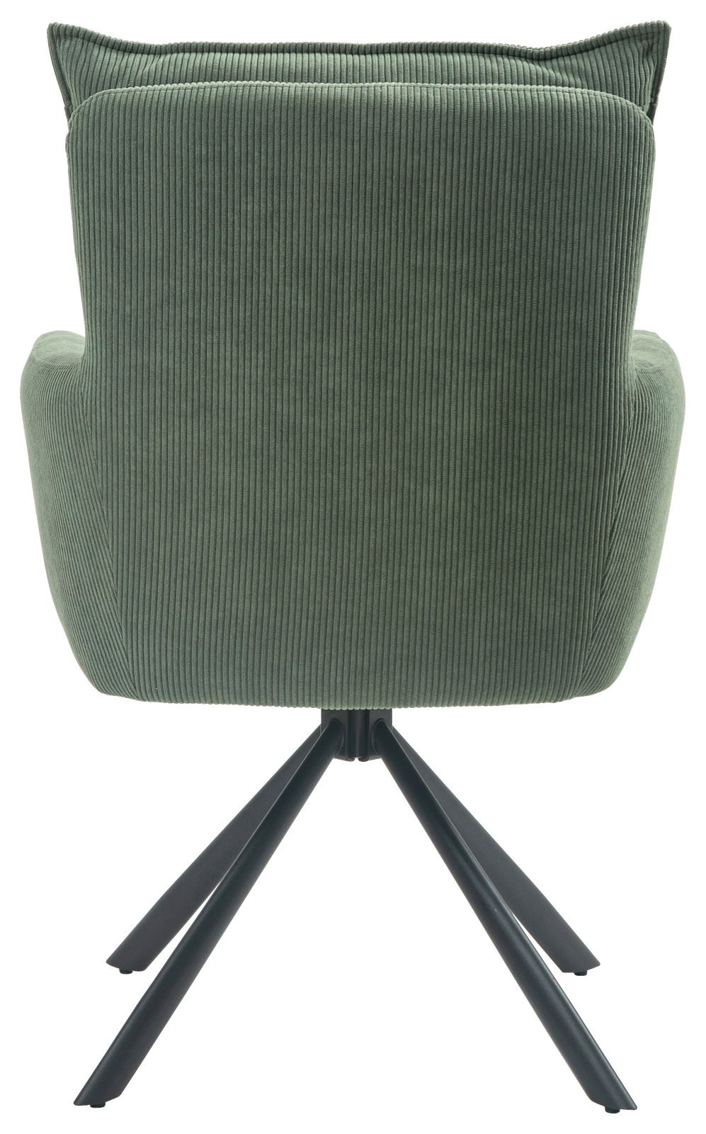 Rückansicht eines grünen Sessels mit geripptem Stoffbezug und schwarzem Metallgestell.
