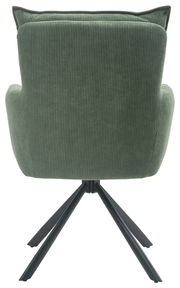 Rückansicht eines grünen Sessels mit geripptem Stoffbezug und schwarzem Metallgestell.