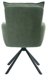 Rückansicht eines grünen Sessels mit geripptem Stoffbezug und schwarzem Metallgestell.