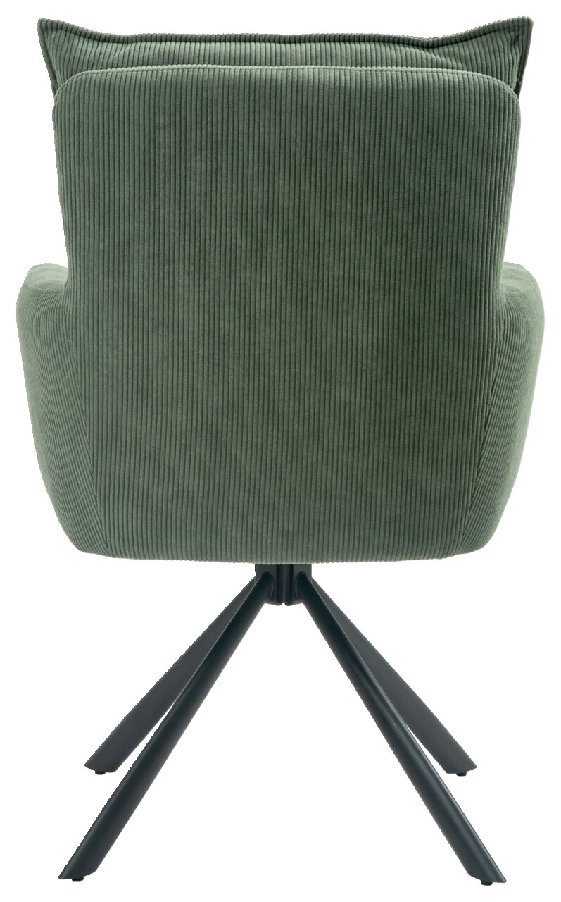 Rückansicht eines grünen Sessels mit geripptem Stoffbezug und schwarzem Metallgestell.