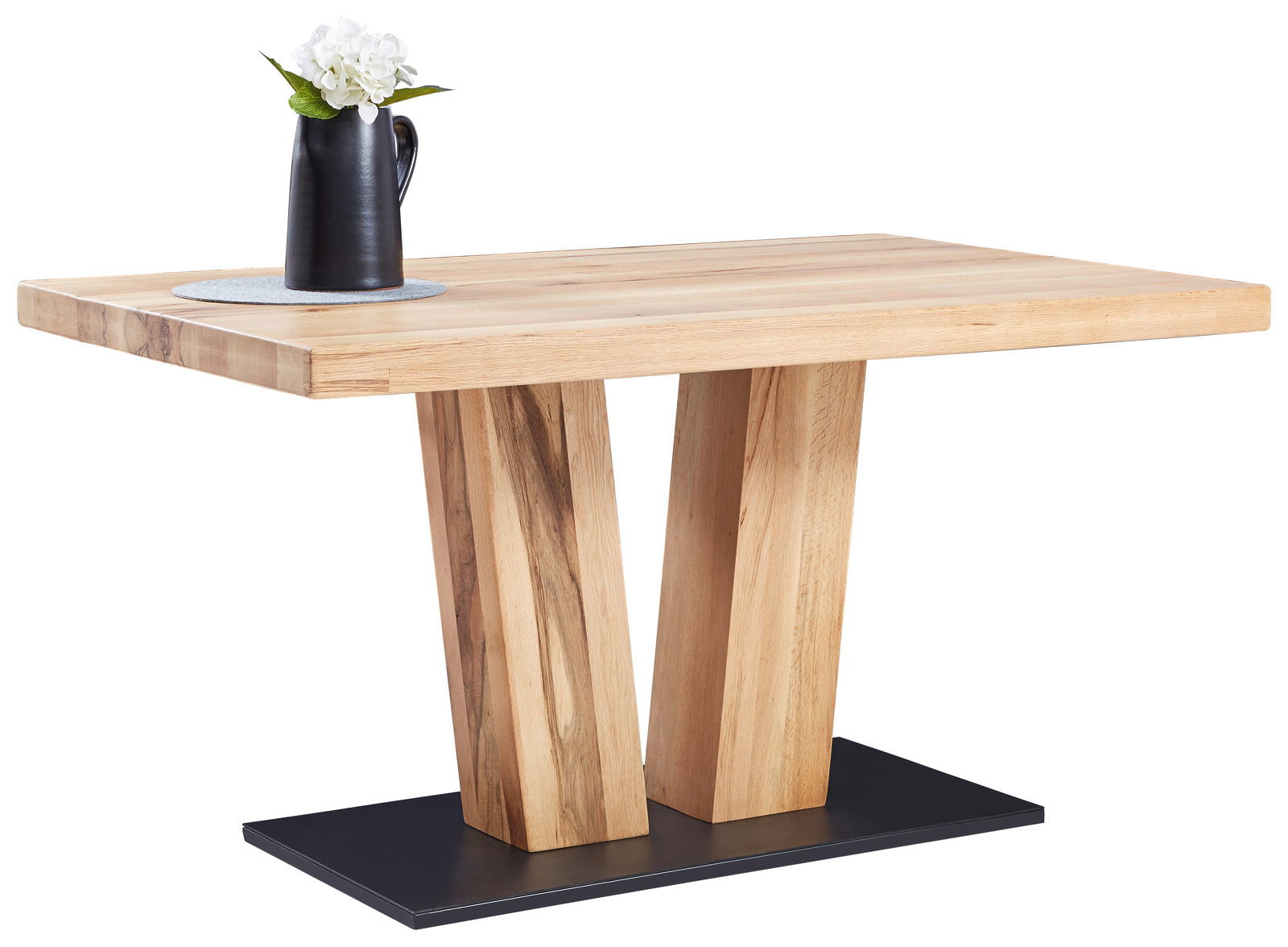 Moderner Esstisch aus Holz mit zwei massiven Beinen auf schwarzer Basis, seitliche Perspektive, dekoriert mit einer Vase und Blumen.