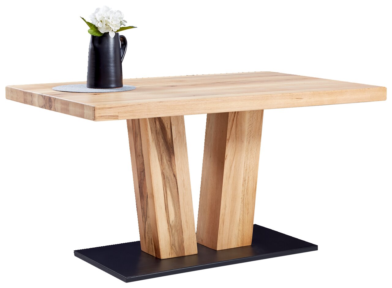 Moderner Esstisch aus Holz mit zwei massiven Beinen auf schwarzer Basis, seitliche Perspektive, dekoriert mit einer Vase und Blumen.