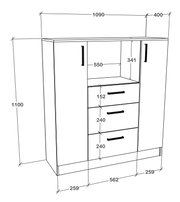 Technische Strichzeichnung eines Sideboards/Kommode mit zwei seitlichen Türen und drei Schubladen sowie offenem Fach, mit Maßangaben (ca. 1090 mm Breite, 1100 mm Höhe, 400 mm Tiefe), dargestellt in leicht schräger Vorderansicht (Perspektive von vorne link