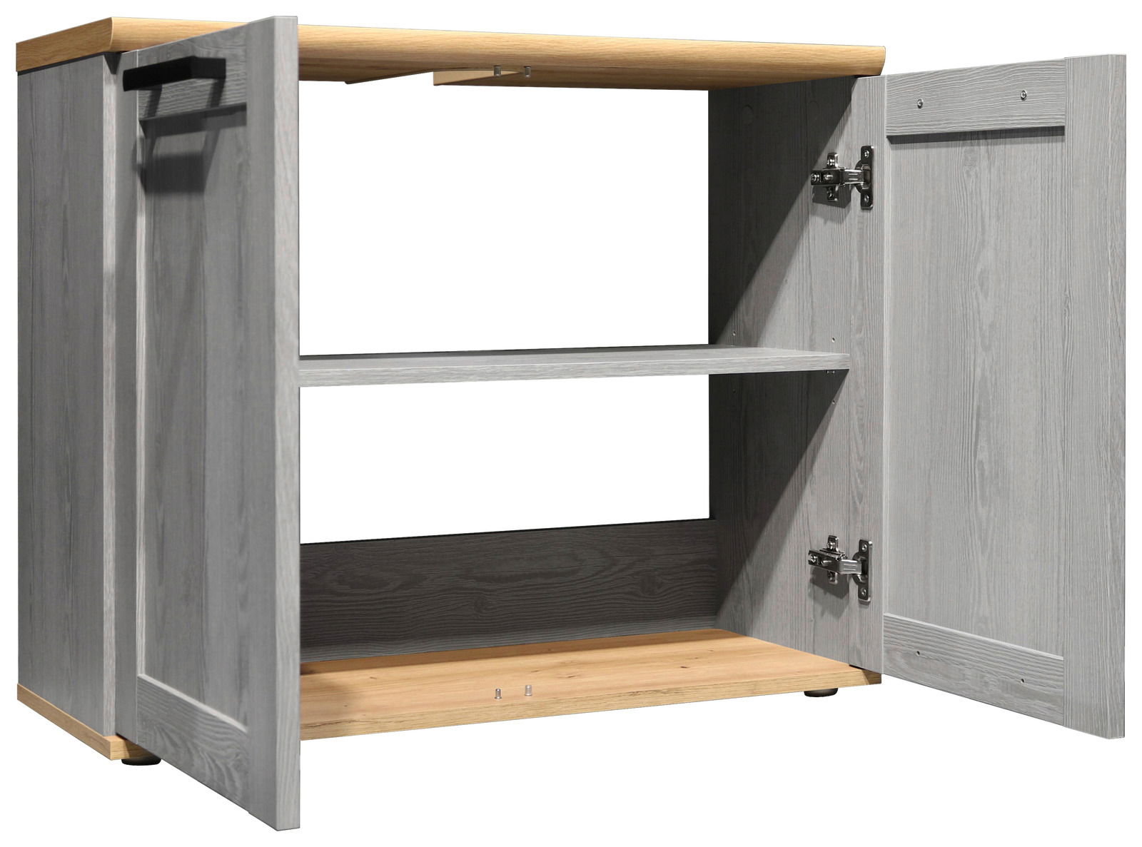 Waschbeckenunterschrank aus Holz in grauer Farbe mit geöffneter Tür, seitliche Perspektive