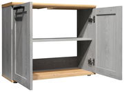 Waschbeckenunterschrank aus Holz in grauer Farbe mit geöffneter Tür, seitliche Perspektive