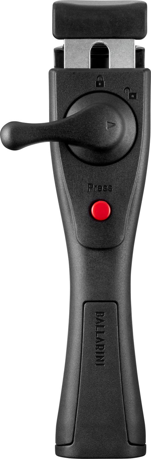 Schwarzer Pfannengriff mit rotem Knopf, von oben betrachtet