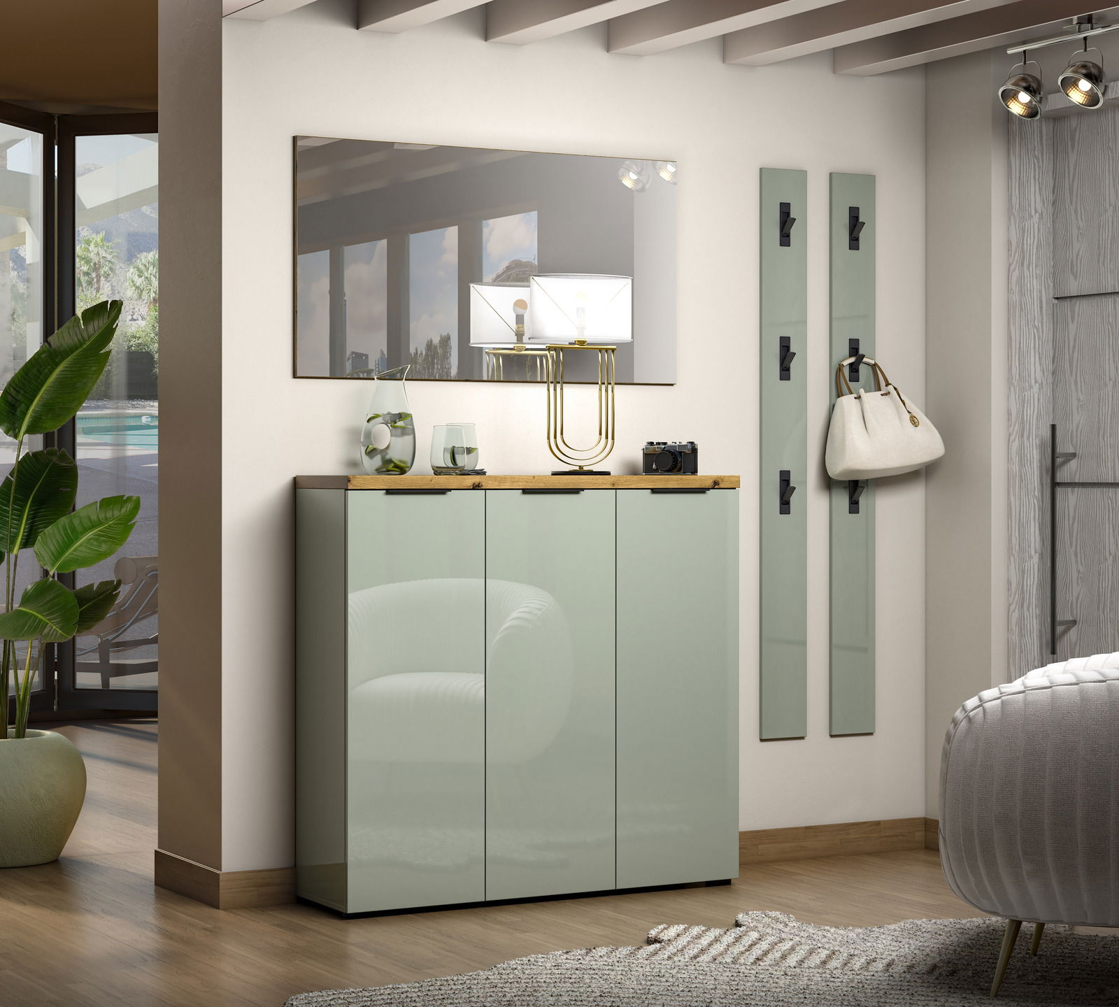 XORA XL-Schuhschrank IDEAL Moderner Eingangsbereich mit XL-Schuhschrank und Garderobenleiste in einer eleganten, hellen Umgebung, seitliche Perspektive.