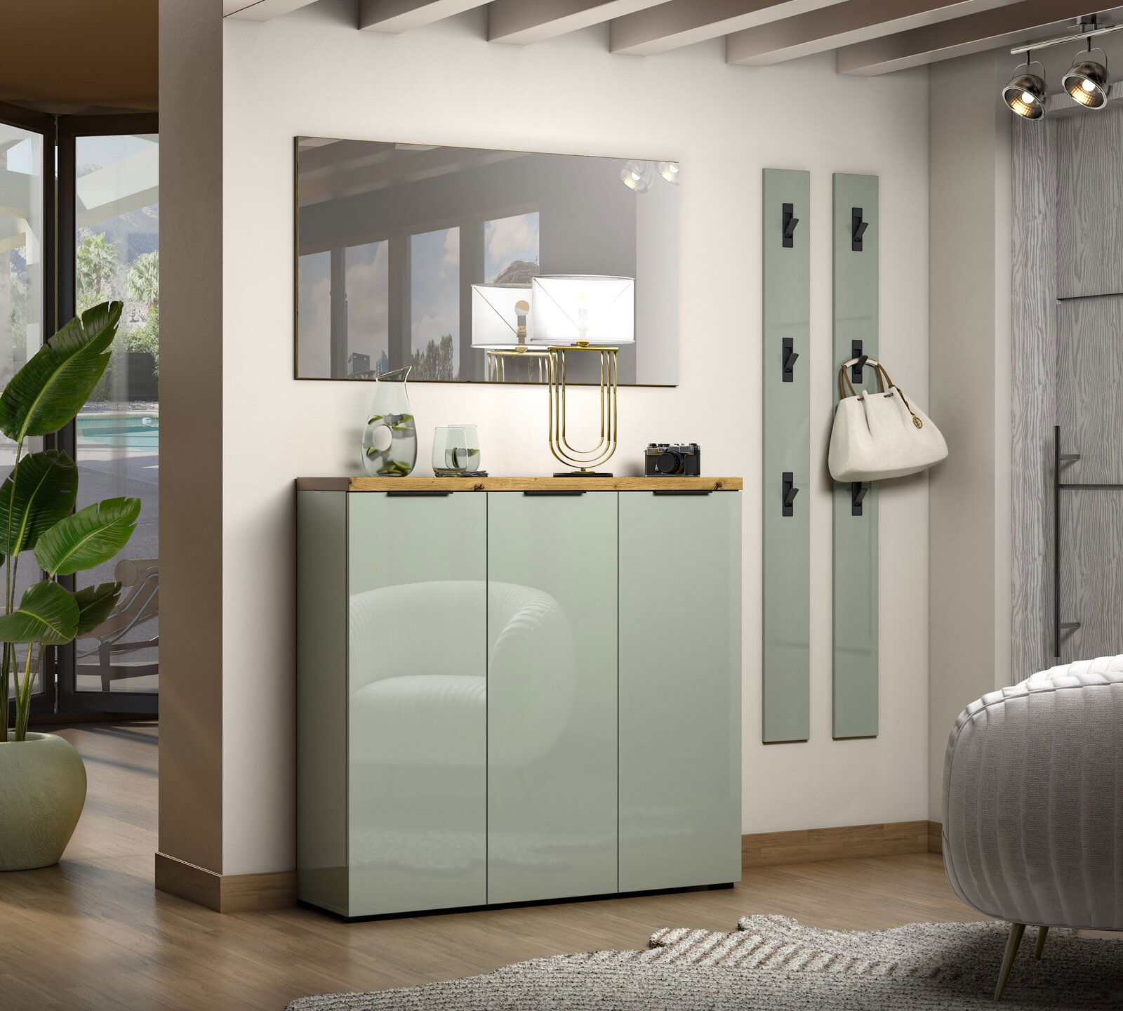 XORA XL-Schuhschrank IDEAL Moderner Eingangsbereich mit XL-Schuhschrank und Garderobenleiste in einer eleganten, hellen Umgebung, seitliche Perspektive.