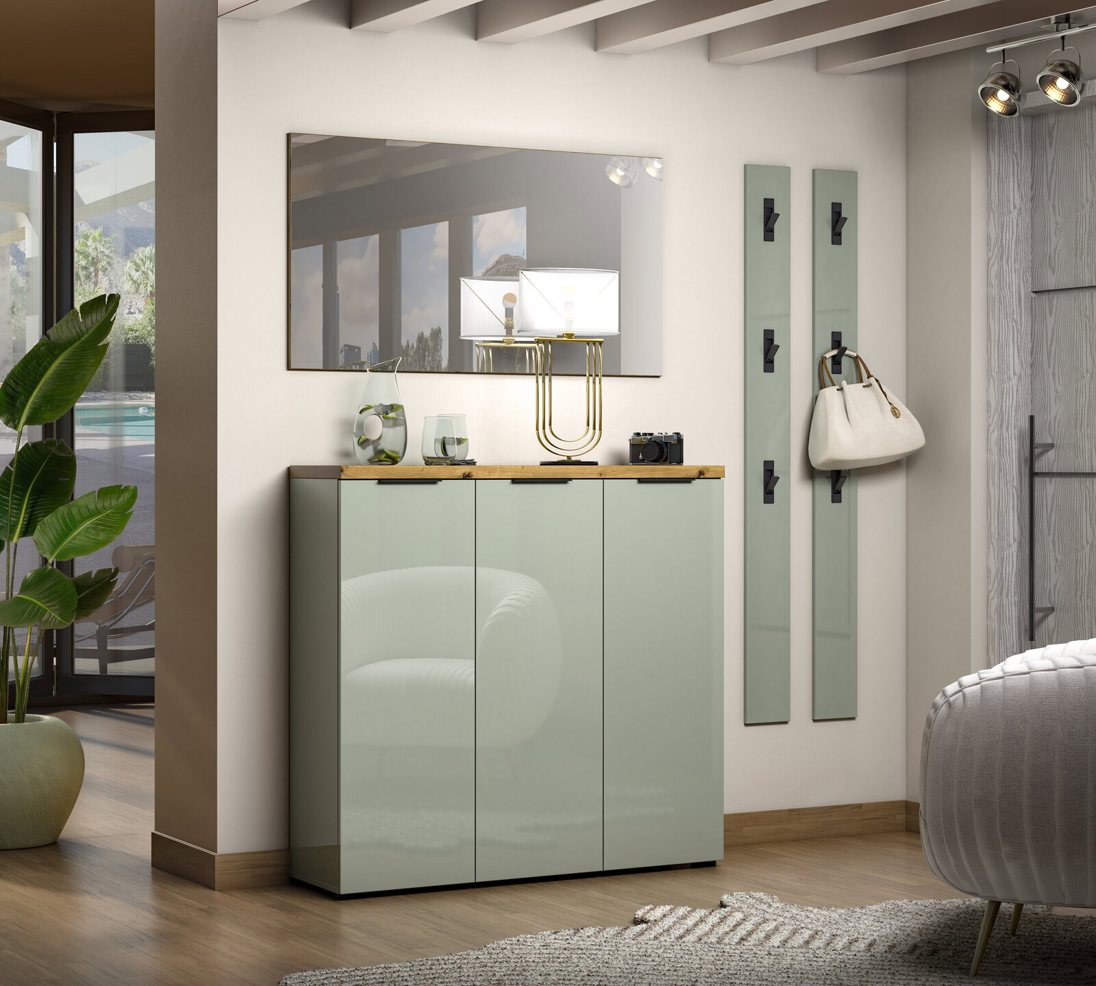 XORA XL-Schuhschrank IDEAL Moderner Eingangsbereich mit XL-Schuhschrank und Garderobenleiste in einer eleganten, hellen Umgebung, seitliche Perspektive.