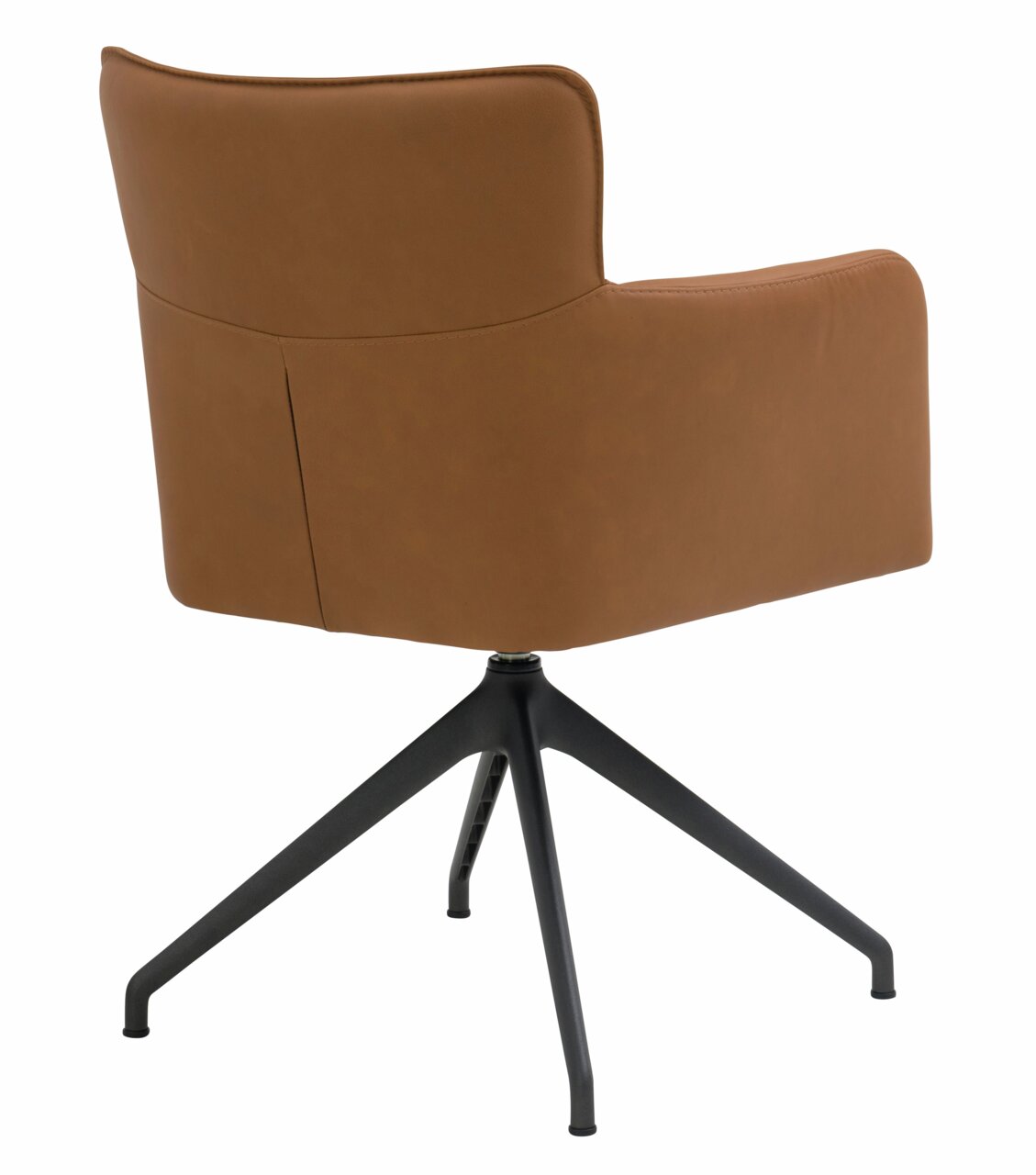 Achterkant van een moderne fauteuil met bruine lederen bekleding en een zwart metalen frame.