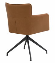 Achterkant van een moderne fauteuil met bruine lederen bekleding en een zwart metalen frame.