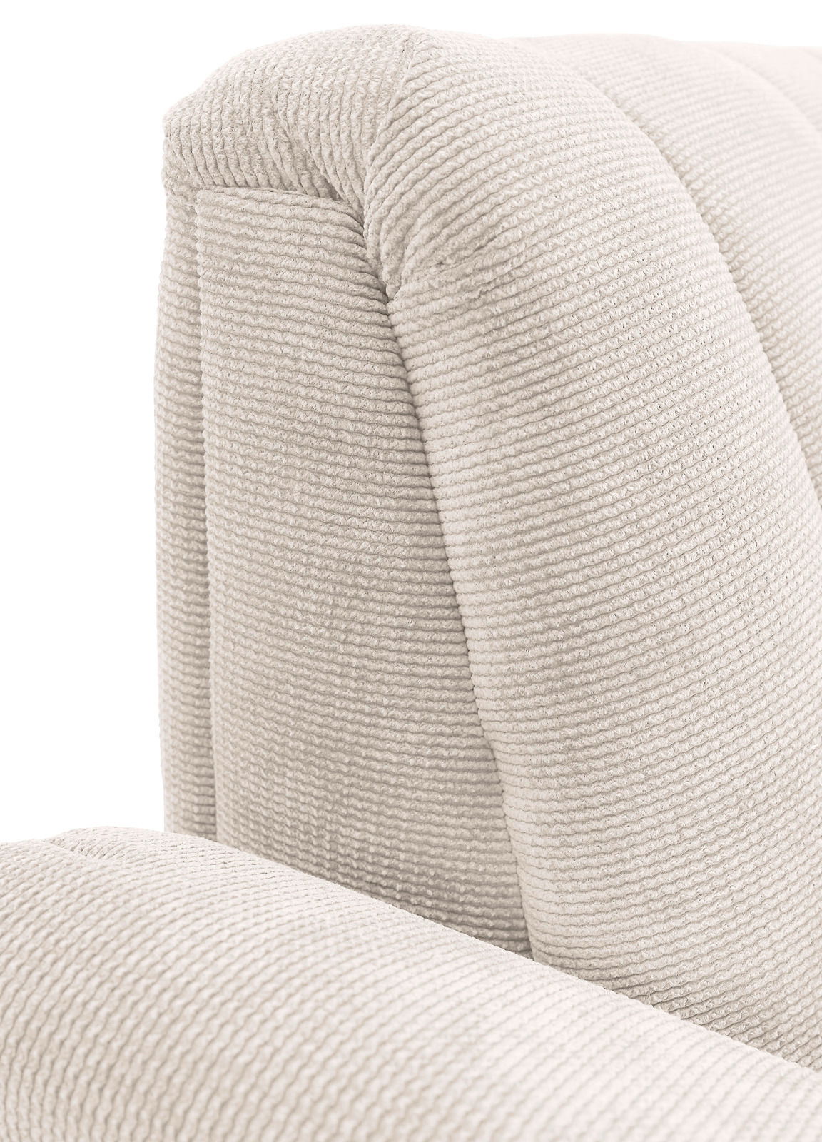 Nahaufnahme einer cremefarbenen, strukturierten Polsterung der 2er-Sitzbank Novel Sitzbank LAILA, seitliche Perspektive.