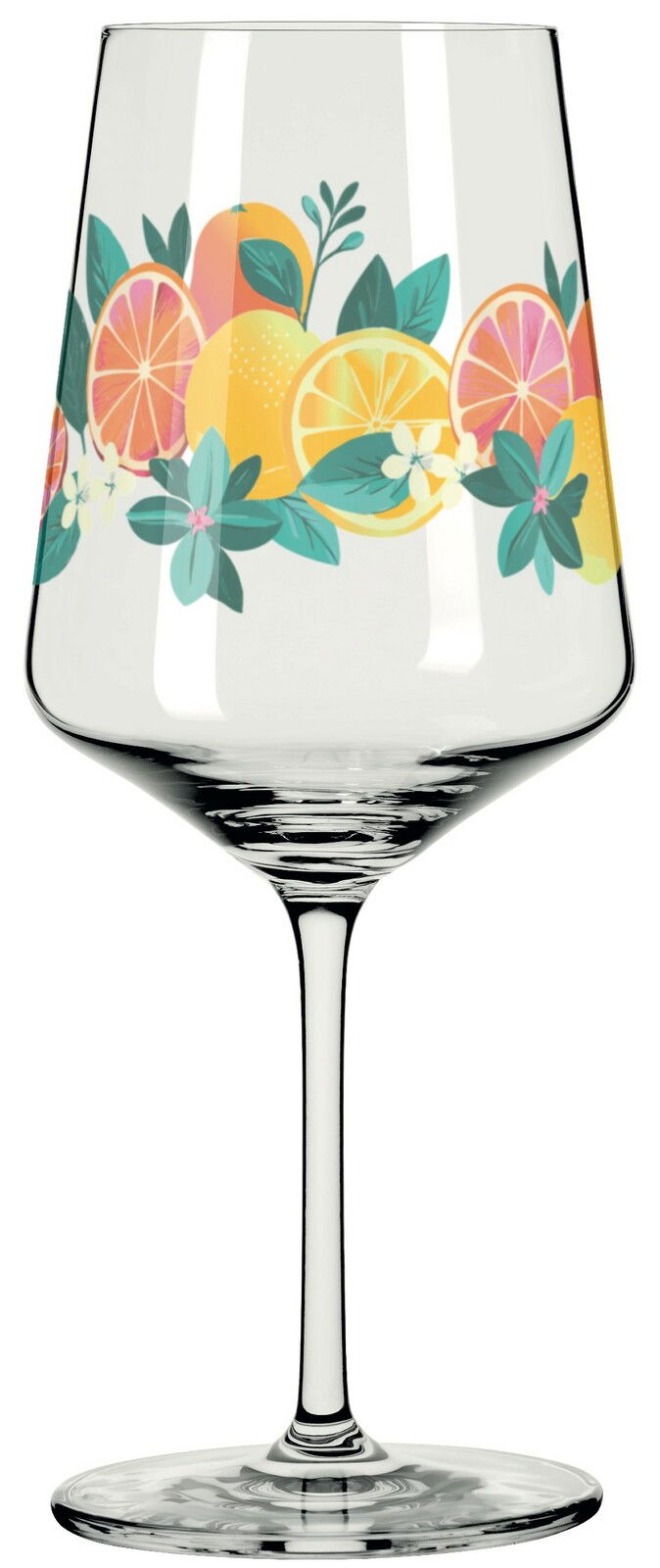 Weinglas mit buntem Zitrusfrüchte- und Blumenmuster, seitliche Ansicht