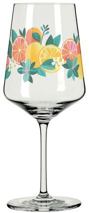 Weinglas mit buntem Zitrusfrüchte- und Blumenmuster, seitliche Ansicht