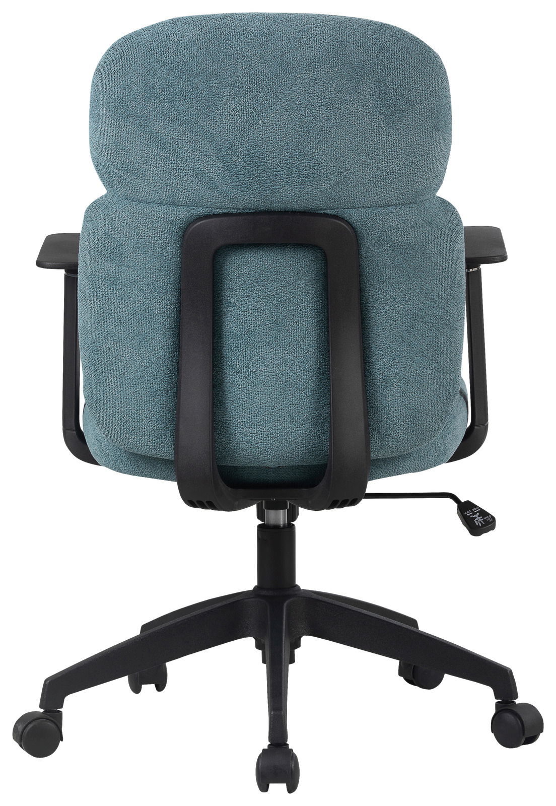 Rückansicht eines Drehstuhls mit schwarzem Gestell und türkisfarbenem Polster