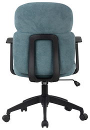 Rückansicht eines Drehstuhls mit schwarzem Gestell und türkisfarbenem Polster