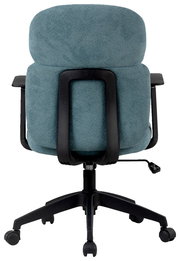 Rückansicht eines Drehstuhls mit schwarzem Gestell und türkisfarbenem Polster